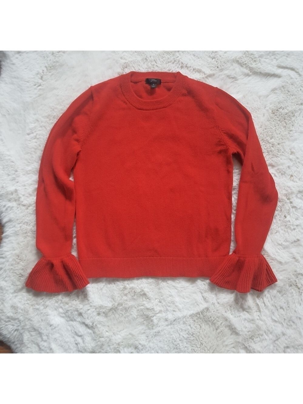 J.Crew Sweater Womens S Red-Orange Ruffle Cuffs Crew Neck Ribbed Trim